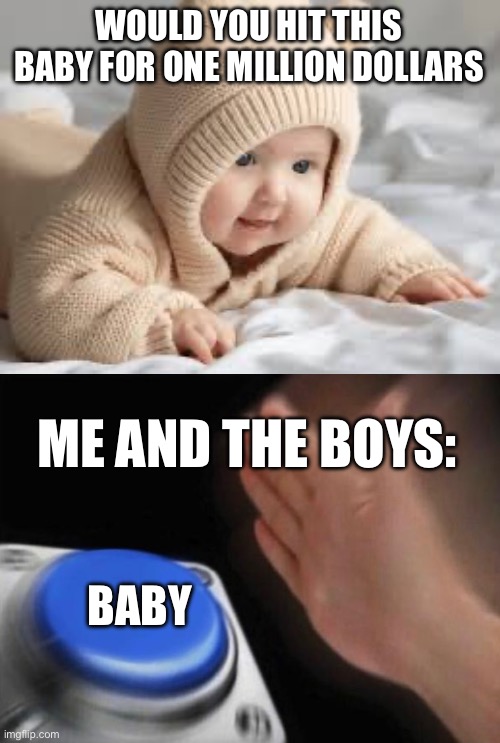 One million is a lot of money guys | WOULD YOU HIT THIS BABY FOR ONE MILLION DOLLARS; ME AND THE BOYS:; BABY | image tagged in funny | made w/ Imgflip meme maker