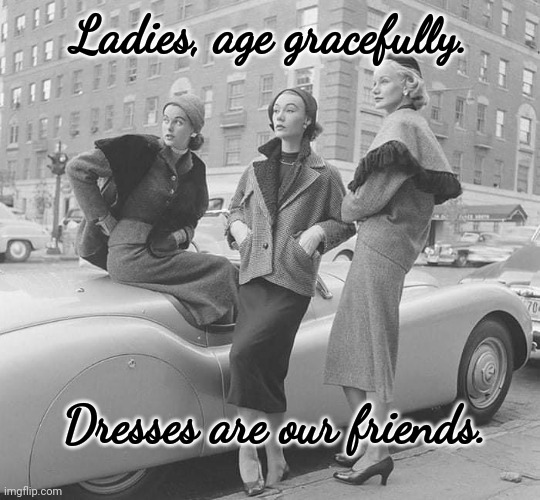 Ladies age gracefully | Ladies, age gracefully. Dresses are our friends. | image tagged in ladies in dressess | made w/ Imgflip meme maker