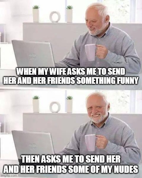 When my wife asks me to send her and her friends something funny | WHEN MY WIFE ASKS ME TO SEND HER AND HER FRIENDS SOMETHING FUNNY; THEN ASKS ME TO SEND HER AND HER FRIENDS SOME OF MY NUDES | image tagged in memes,hide the pain harold,funny,nudes,wife,friends | made w/ Imgflip meme maker