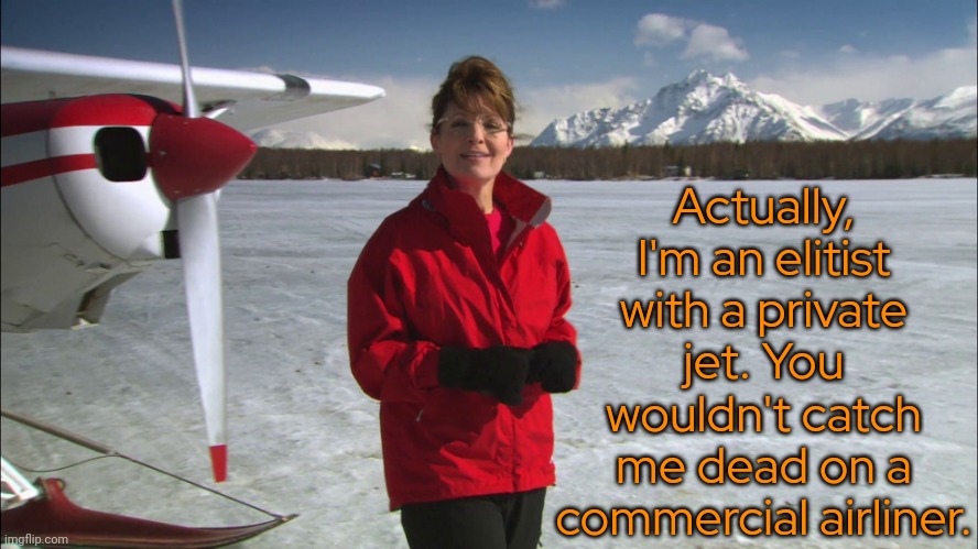 Palin Alaska | Actually, I'm an elitist with a private jet. You wouldn't catch me dead on a commercial airliner. | image tagged in palin alaska | made w/ Imgflip meme maker