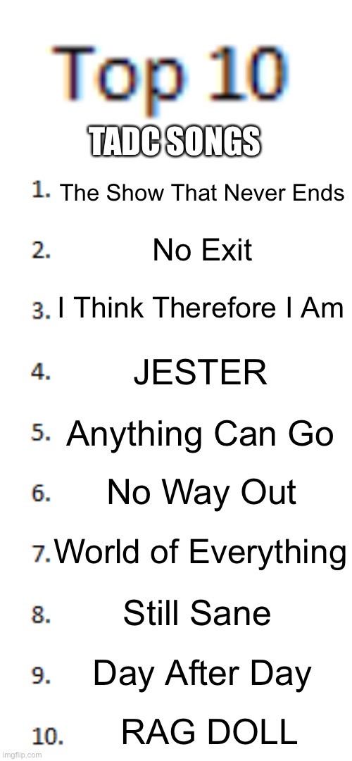 Top 10 List | TADC SONGS; The Show That Never Ends; No Exit; I Think Therefore I Am; JESTER; Anything Can Go; No Way Out; World of Everything; Still Sane; Day After Day; RAG DOLL | image tagged in top 10 list,the amazing digital circus,songs | made w/ Imgflip meme maker