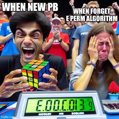 when new pb vs forget e perm | WHEN FORGET E PERM ALGORITHM; WHEN NEW PB | image tagged in rubik's cube | made w/ Imgflip meme maker