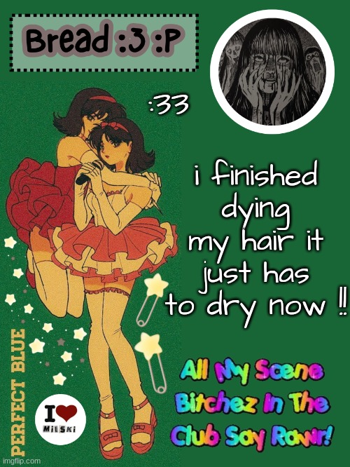 :) | i finished dying my hair it just has to dry now !! :33 | image tagged in new bread 2024 temp 33 | made w/ Imgflip meme maker