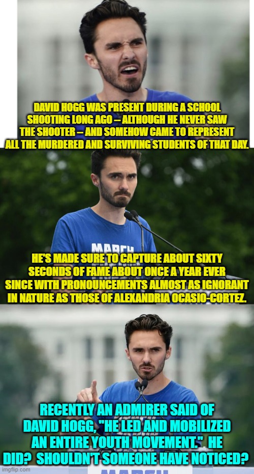 I actually have nothing against this guy; I just can't figure out what he actually does. | DAVID HOGG WAS PRESENT DURING A SCHOOL SHOOTING LONG AGO -- ALTHOUGH HE NEVER SAW THE SHOOTER -- AND SOMEHOW CAME TO REPRESENT ALL THE MURDERED AND SURVIVING STUDENTS OF THAT DAY. HE'S MADE SURE TO CAPTURE ABOUT SIXTY SECONDS OF FAME ABOUT ONCE A YEAR EVER SINCE WITH PRONOUNCEMENTS ALMOST AS IGNORANT IN NATURE AS THOSE OF ALEXANDRIA OCASIO-CORTEZ. RECENTLY AN ADMIRER SAID OF DAVID HOGG, "HE LED AND MOBILIZED AN ENTIRE YOUTH MOVEMENT."  HE DID?  SHOULDN'T SOMEONE HAVE NOTICED? | image tagged in yep | made w/ Imgflip meme maker