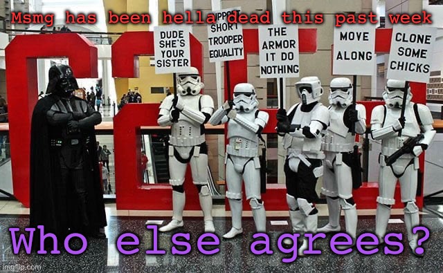 Stormtrooper protest | Msmg has been hella dead this past week; Who else agrees? | image tagged in stormtrooper protest | made w/ Imgflip meme maker