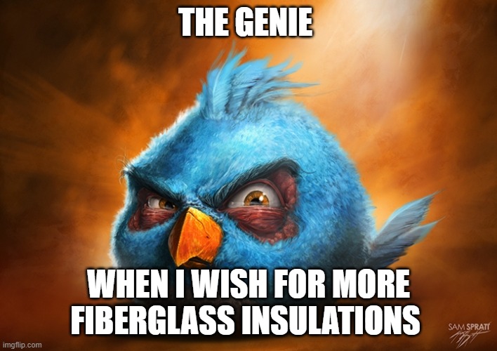 angry birds blue | THE GENIE; WHEN I WISH FOR MORE FIBERGLASS INSULATIONS | image tagged in angry birds blue | made w/ Imgflip meme maker