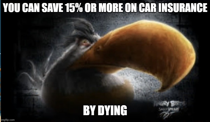 Realistic Mighty Eagle | YOU CAN SAVE 15% OR MORE ON CAR INSURANCE; BY DYING | image tagged in realistic mighty eagle | made w/ Imgflip meme maker