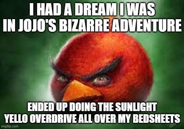 Realistic Red Angry Birds | I HAD A DREAM I WAS IN JOJO'S BIZARRE ADVENTURE; ENDED UP DOING THE SUNLIGHT YELLO OVERDRIVE ALL OVER MY BEDSHEETS | image tagged in realistic red angry birds | made w/ Imgflip meme maker