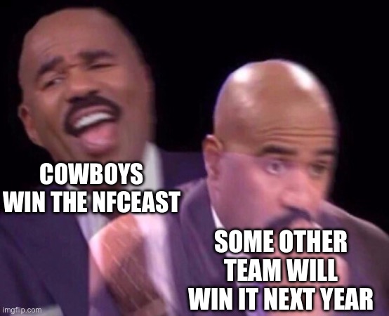 Steve Harvey Laughing Serious | COWBOYS WIN THE NFCEAST; SOME OTHER TEAM WILL WIN IT NEXT YEAR | image tagged in steve harvey laughing serious | made w/ Imgflip meme maker