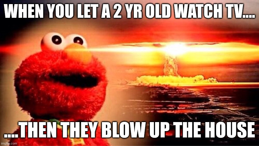 elmo nuclear explosion | WHEN YOU LET A 2 YR OLD WATCH TV.... ....THEN THEY BLOW UP THE HOUSE | image tagged in elmo nuclear explosion | made w/ Imgflip meme maker