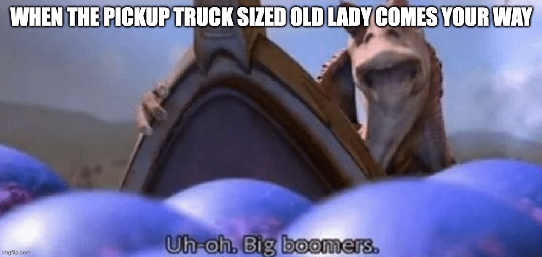 uh-oh big boomers | WHEN THE PICKUP TRUCK SIZED OLD LADY COMES YOUR WAY | image tagged in uh-oh big boomers | made w/ Imgflip meme maker