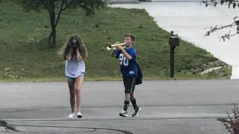 boy follows girl with trumpet | image tagged in boy follows girl with trumpet | made w/ Imgflip meme maker