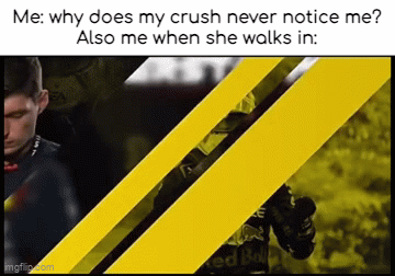 me fr | Me: why does my crush never notice me?
Also me when she walks in: | image tagged in gifs,so true memes,dive | made w/ Imgflip video-to-gif maker