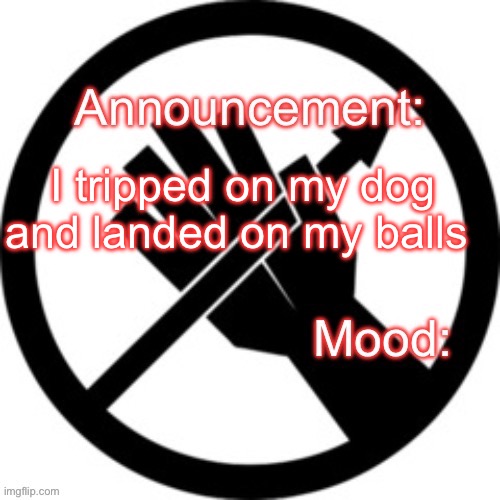 Announcement template Red Right Hand | I tripped on my dog and landed on my balls | image tagged in announcement template red right hand | made w/ Imgflip meme maker