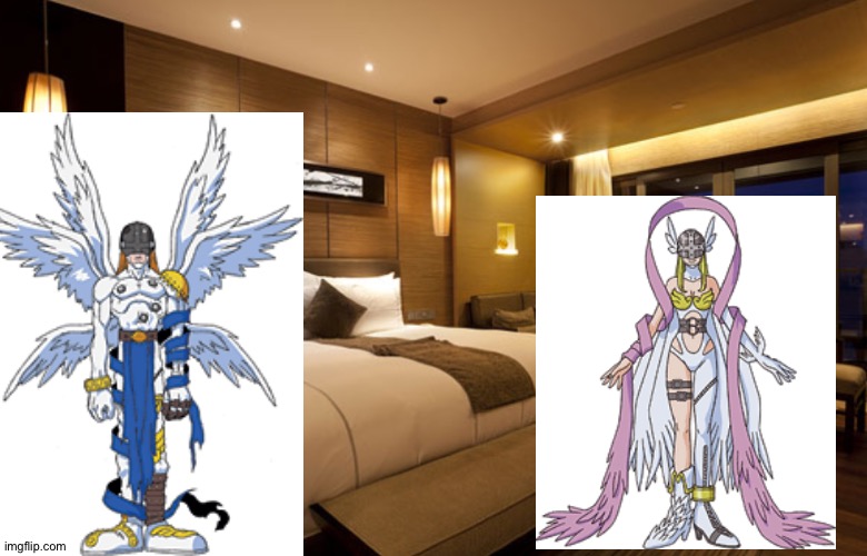 Angemon and Angewomon having fun in their hotel room | image tagged in hotel room,digimon,anime | made w/ Imgflip meme maker