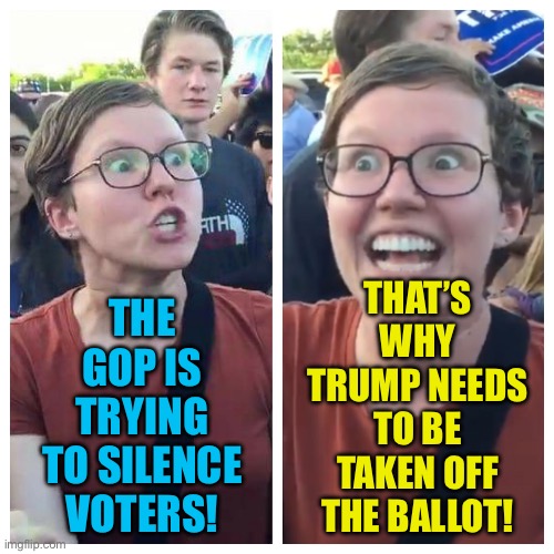 Social Justice Warrior Hypocrisy | THE GOP IS TRYING TO SILENCE VOTERS! THAT’S WHY TRUMP NEEDS TO BE TAKEN OFF THE BALLOT! | image tagged in social justice warrior hypocrisy | made w/ Imgflip meme maker