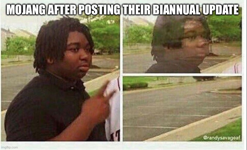 All they do is add a canal then leave | MOJANG AFTER POSTING THEIR BIANNUAL UPDATE | image tagged in black guy disappearing | made w/ Imgflip meme maker