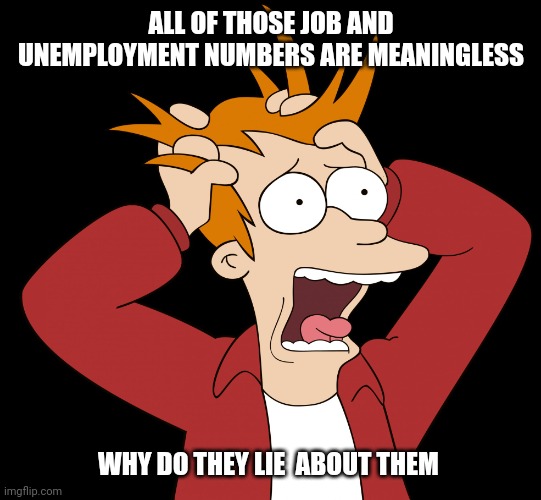 Futurama Fry Screaming | ALL OF THOSE JOB AND UNEMPLOYMENT NUMBERS ARE MEANINGLESS WHY DO THEY LIE  ABOUT THEM | image tagged in futurama fry screaming | made w/ Imgflip meme maker