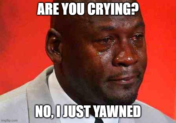 crying michael jordan | ARE YOU CRYING? NO, I JUST YAWNED | image tagged in crying michael jordan | made w/ Imgflip meme maker