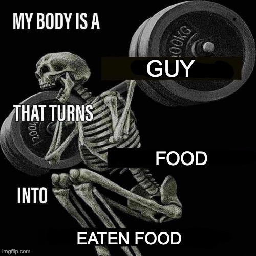 My body is a X that turns Y into Z | GUY; FOOD; EATEN FOOD | image tagged in my body is a x that turns y into z | made w/ Imgflip meme maker