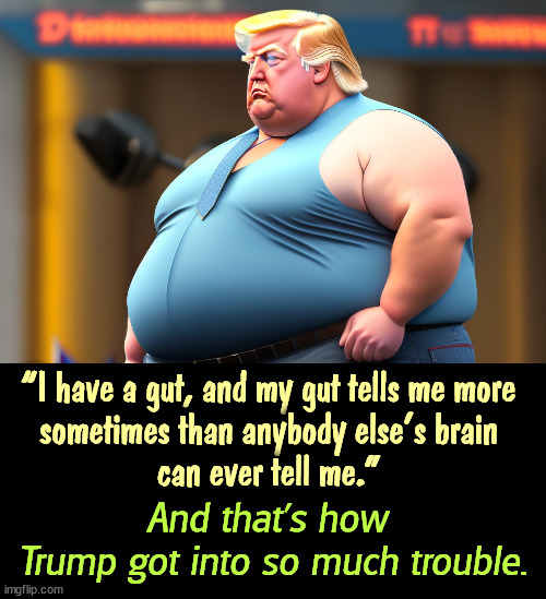 Why Trump never listens to his lawyers. | “I have a gut, and my gut tells me more 
sometimes than anybody else’s brain 
can ever tell me.”; And that's how 
Trump got into so much trouble. | image tagged in trump,arrogant,arrogant rich man,deaf,trouble,lawsuit | made w/ Imgflip meme maker