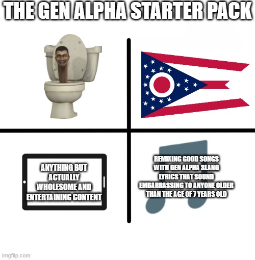 WELCOME TO GEN ALPHA | THE GEN ALPHA STARTER PACK; REMIXING GOOD SONGS WITH GEN ALPHA SLANG LYRICS THAT SOUND EMBARRASSING TO ANYONE OLDER THAN THE AGE OF 7 YEARS OLD; ANYTHING BUT ACTUALLY WHOLESOME AND ENTERTAINING CONTENT | image tagged in memes,blank starter pack | made w/ Imgflip meme maker