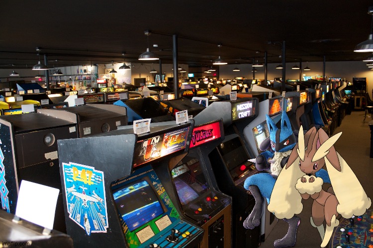 Lucario and Lopunny having fun in a arcade | image tagged in arcade,pokemon | made w/ Imgflip meme maker