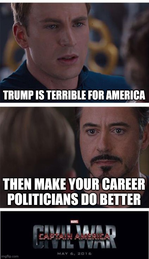 But they won't | TRUMP IS TERRIBLE FOR AMERICA; THEN MAKE YOUR CAREER POLITICIANS DO BETTER | image tagged in memes,marvel civil war 1,trump,democrats,usa | made w/ Imgflip meme maker