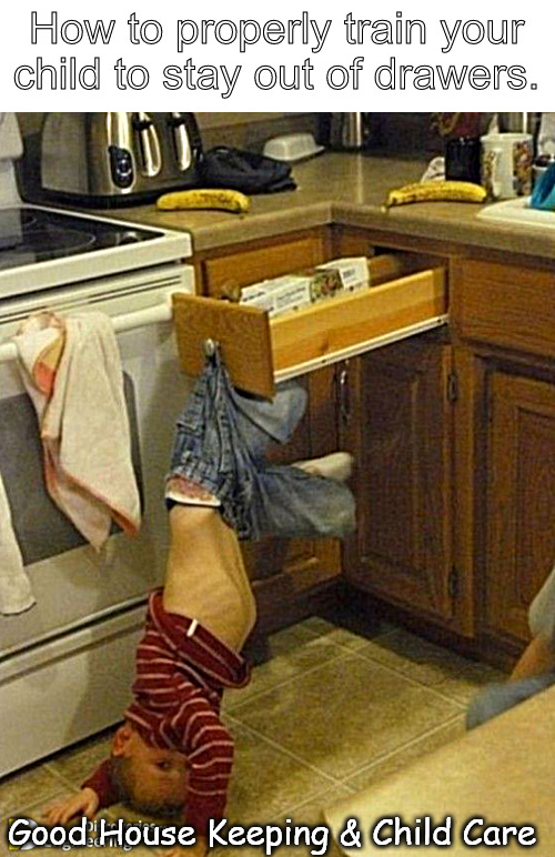 They will learn | How to properly train your child to stay out of drawers. Good House Keeping & Child Care | image tagged in memes,middle school,kids | made w/ Imgflip meme maker
