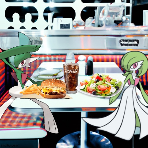 Gallade and Gardevoir enjoying dinner at a diner | image tagged in diner,pokemon | made w/ Imgflip meme maker