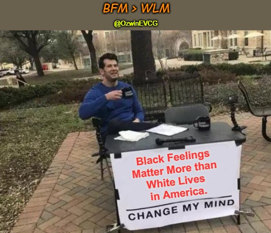 BFM > WLM | BFM > WLM; @OzwinEVCG; Black Feelings 

Matter More than 

White Lives 

in America. | image tagged in change my mind,blm angels,white lives,inverted reality,literal white supremacy,style over substance | made w/ Imgflip meme maker