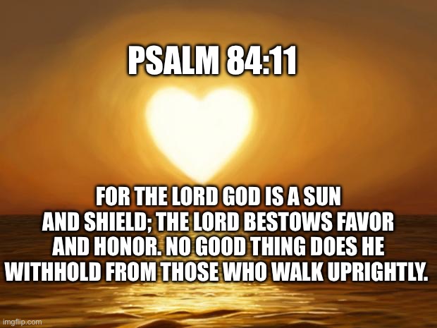 A sun and a shield | PSALM 84:11; FOR THE LORD GOD IS A SUN AND SHIELD; THE LORD BESTOWS FAVOR AND HONOR. NO GOOD THING DOES HE WITHHOLD FROM THOSE WHO WALK UPRIGHTLY. | image tagged in love,god,bible,bible verse,jesus christ | made w/ Imgflip meme maker