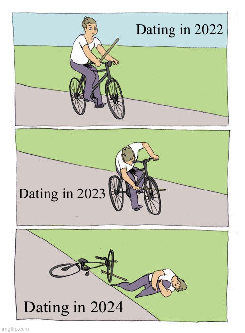 Dating be like | Dating in 2022; Dating in 2023; Dating in 2024 | image tagged in memes,bike fall | made w/ Imgflip meme maker