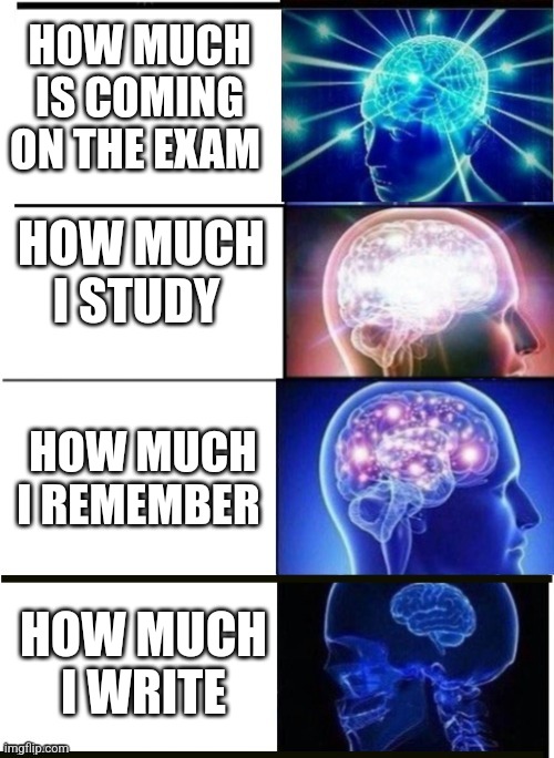 Shrinking brain | HOW MUCH IS COMING ON THE EXAM; HOW MUCH I STUDY; HOW MUCH I REMEMBER; HOW MUCH I WRITE | image tagged in shrinking brain | made w/ Imgflip meme maker