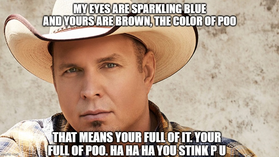 MY EYES ARE SPARKLING BLUE AND YOURS ARE BROWN, THE COLOR OF POO; THAT MEANS YOUR FULL OF IT. YOUR FULL OF POO. HA HA HA YOU STINK P U | image tagged in blue,eyes,brown,poo | made w/ Imgflip meme maker