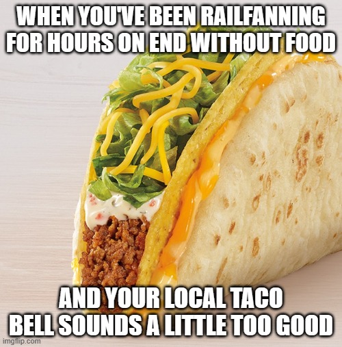 TACO BELL, MY BELOVED!! | WHEN YOU'VE BEEN RAILFANNING FOR HOURS ON END WITHOUT FOOD; AND YOUR LOCAL TACO BELL SOUNDS A LITTLE TOO GOOD | image tagged in cheesy gordita crunch,taco bell,railfan,foamer | made w/ Imgflip meme maker