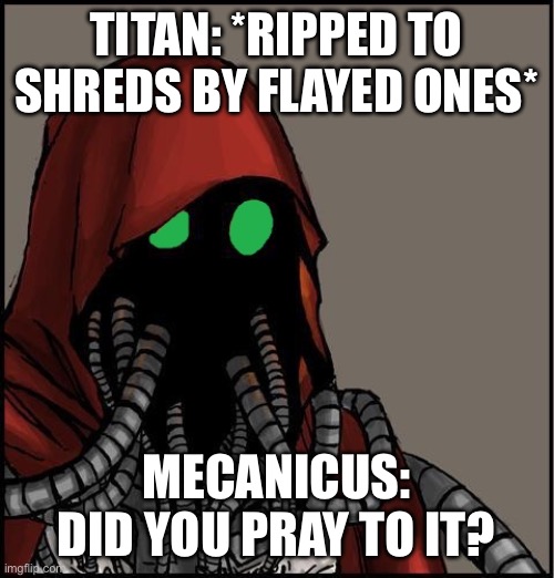 tech priest | TITAN: *RIPPED TO SHREDS BY FLAYED ONES*; MECANICUS: DID YOU PRAY TO IT? | image tagged in tech priest | made w/ Imgflip meme maker