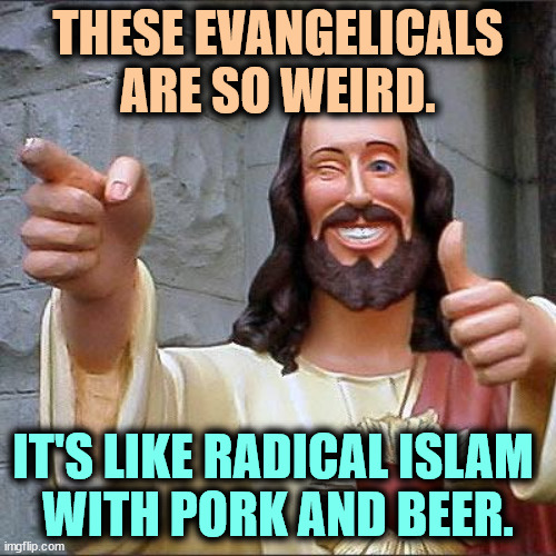 What they talk about is not what I preached. | THESE EVANGELICALS ARE SO WEIRD. IT'S LIKE RADICAL ISLAM 
WITH PORK AND BEER. | image tagged in memes,buddy christ,evangelicals,christianity,radical islam | made w/ Imgflip meme maker