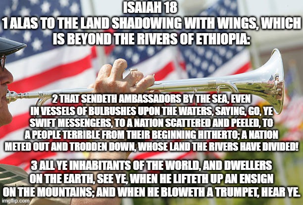 Isaiah 18:1-3 | ISAIAH 18 
1 ALAS TO THE LAND SHADOWING WITH WINGS, WHICH IS BEYOND THE RIVERS OF ETHIOPIA:; 2 THAT SENDETH AMBASSADORS BY THE SEA, EVEN IN VESSELS OF BULRUSHES UPON THE WATERS, SAYING, GO, YE SWIFT MESSENGERS, TO A NATION SCATTERED AND PEELED, TO A PEOPLE TERRIBLE FROM THEIR BEGINNING HITHERTO; A NATION METED OUT AND TRODDEN DOWN, WHOSE LAND THE RIVERS HAVE DIVIDED! 3 ALL YE INHABITANTS OF THE WORLD, AND DWELLERS ON THE EARTH, SEE YE, WHEN HE LIFTETH UP AN ENSIGN ON THE MOUNTAINS; AND WHEN HE BLOWETH A TRUMPET, HEAR YE. | image tagged in isaiah 18,america,usa,alas,meted,trumpet | made w/ Imgflip meme maker