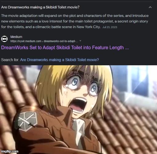 thank god it's fake | image tagged in memes,skibidi toilet,attack on titan,dreamworks | made w/ Imgflip meme maker