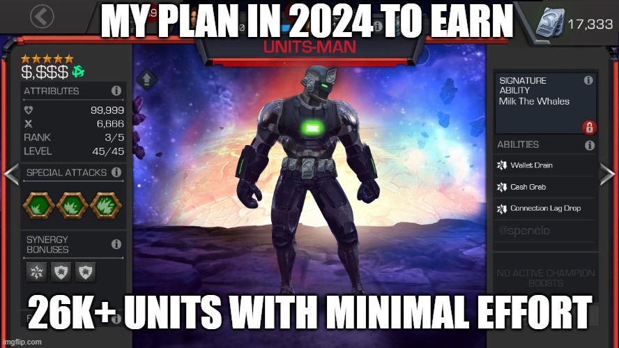 Units Man | MY PLAN IN 2024 TO EARN; 26K+ UNITS WITH MINIMAL EFFORT | image tagged in mcoc | made w/ Imgflip meme maker