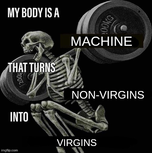 My body is a X that turns Y into Z | MACHINE; NON-VIRGINS; VIRGINS | image tagged in my body is a x that turns y into z | made w/ Imgflip meme maker