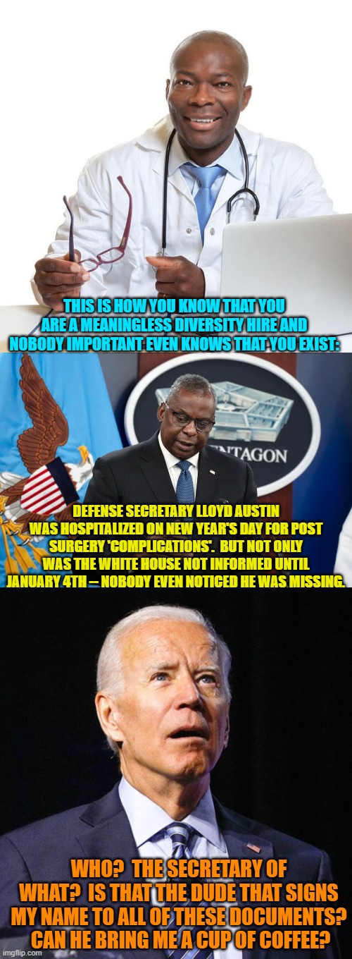 The leftist controlled government . . . and welcome to it. | THIS IS HOW YOU KNOW THAT YOU ARE A MEANINGLESS DIVERSITY HIRE AND NOBODY IMPORTANT EVEN KNOWS THAT YOU EXIST:; DEFENSE SECRETARY LLOYD AUSTIN WAS HOSPITALIZED ON NEW YEAR'S DAY FOR POST SURGERY 'COMPLICATIONS'.  BUT NOT ONLY WAS THE WHITE HOUSE NOT INFORMED UNTIL JANUARY 4TH -- NOBODY EVEN NOTICED HE WAS MISSING. WHO?  THE SECRETARY OF WHAT?  IS THAT THE DUDE THAT SIGNS MY NAME TO ALL OF THESE DOCUMENTS?  CAN HE BRING ME A CUP OF COFFEE? | image tagged in yep | made w/ Imgflip meme maker