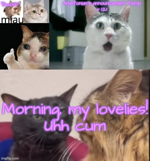 AmeTonian's announcement Temp v 1.2.1 | Morning, my lovelies!
Uhh cum | image tagged in ametonian's announcement temp v 1 2 1 | made w/ Imgflip meme maker