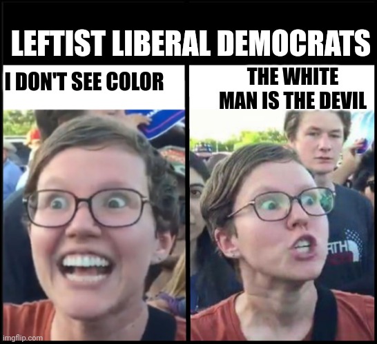 When liberal woman hears | I DON'T SEE COLOR THE WHITE MAN IS THE DEVIL LEFTIST LIBERAL DEMOCRATS | image tagged in when liberal woman hears | made w/ Imgflip meme maker
