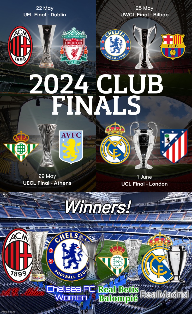 My predictions for the finals of Champions League, Women's, Europa and Conference Leagues 2024 | Winners! Chelsea FC
Women; Real Betis
Balompié; RealMadrid; A.C. Milan | image tagged in futbol,champions league,real madrid,chelsea,ac milan,real betis | made w/ Imgflip meme maker