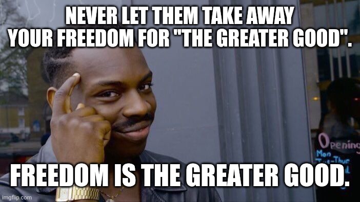 Roll Safe Think About It Meme | NEVER LET THEM TAKE AWAY YOUR FREEDOM FOR "THE GREATER GOOD". FREEDOM IS THE GREATER GOOD. | image tagged in memes,roll safe think about it | made w/ Imgflip meme maker