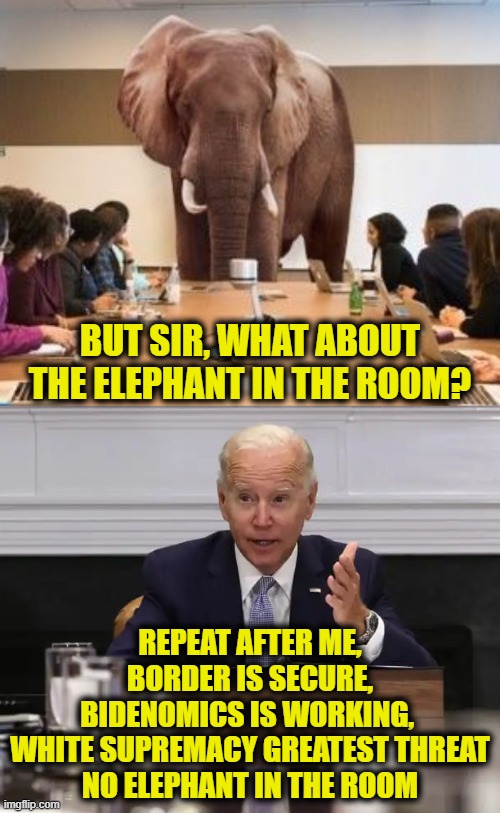 What elephant? | BUT SIR, WHAT ABOUT THE ELEPHANT IN THE ROOM? REPEAT AFTER ME,
BORDER IS SECURE,
BIDENOMICS IS WORKING, 
WHITE SUPREMACY GREATEST THREAT
NO ELEPHANT IN THE ROOM | image tagged in joe biden | made w/ Imgflip meme maker