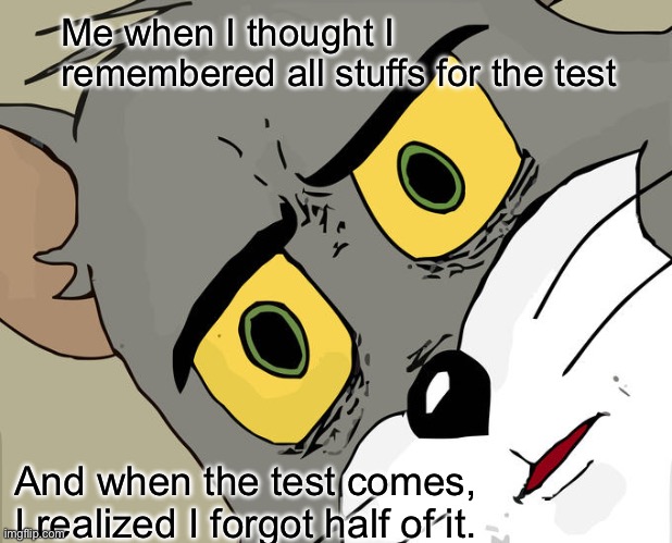 Hate it | Me when I thought I remembered all stuffs for the test; And when the test comes, I realized I forgot half of it. | image tagged in memes,unsettled tom | made w/ Imgflip meme maker