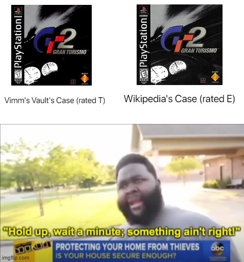 Ok... Yeah, I know, Wikipedia's right but I have no idea why is it rated T on Vimm's. | Wikipedia's Case (rated E); Vimm's Vault's Case (rated T) | image tagged in hold up wait a minute something aint right,racing,esrb rating,retro,playstation | made w/ Imgflip meme maker